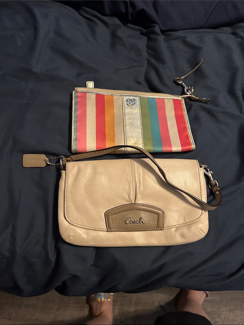 Coach Beige Leather Wristlet with Multicolor Stripe Zip Pouch